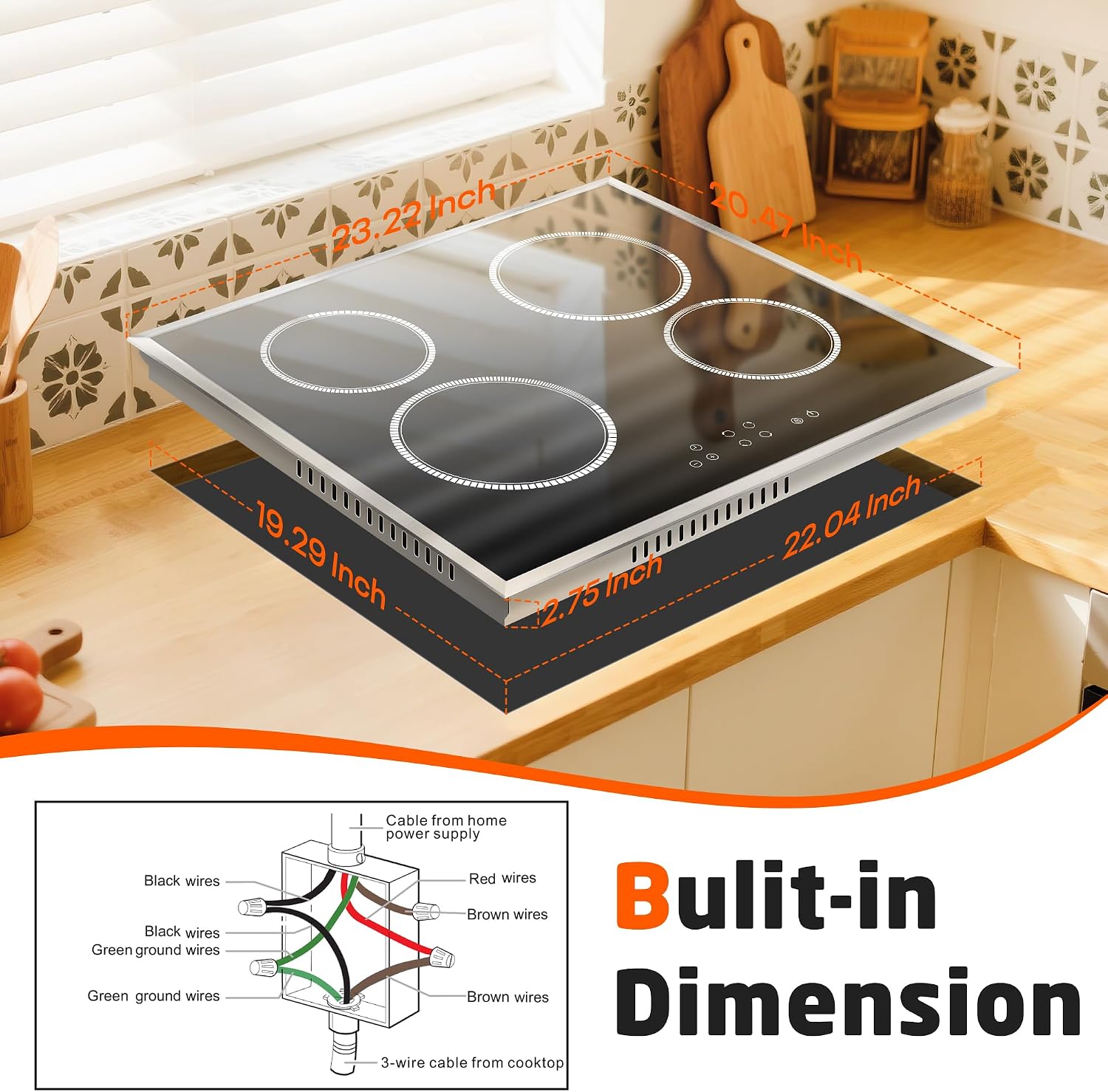24 Inch Electric Cooktop 4 Burner Electric Stove, 6000W Built in Ceramic Stovetop with Touch Control 24', Timer, Child Lock, 9 Heating Level, 220-240v, Hard Wire(No Plug)