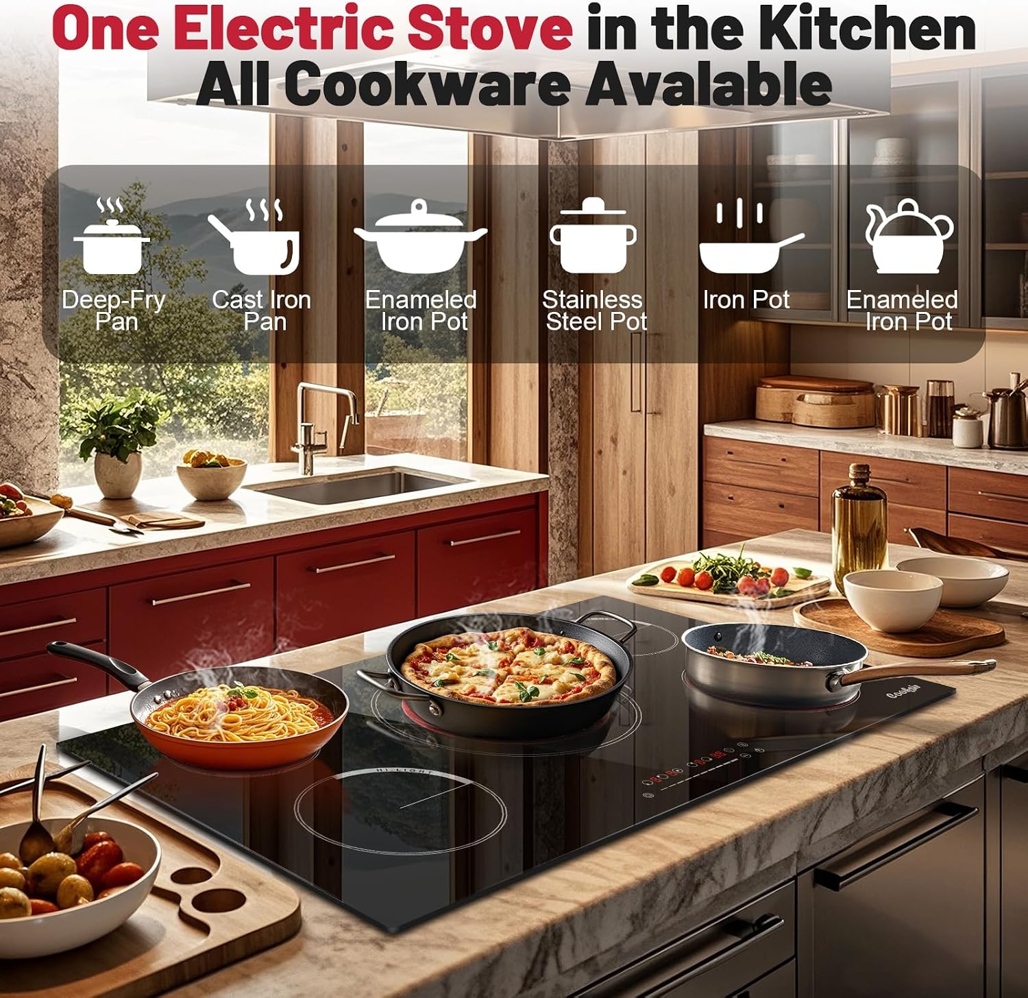 36 Inch Electric Cooktop - Built-in(34.25'x19.3') 36 Inch Electrical Stove 240V, 9200W Five Burner Ceramic Cooktop, Slide-Touch Control, Timer, Safety Lock, Electric Stovetop, 220V Hard Wired