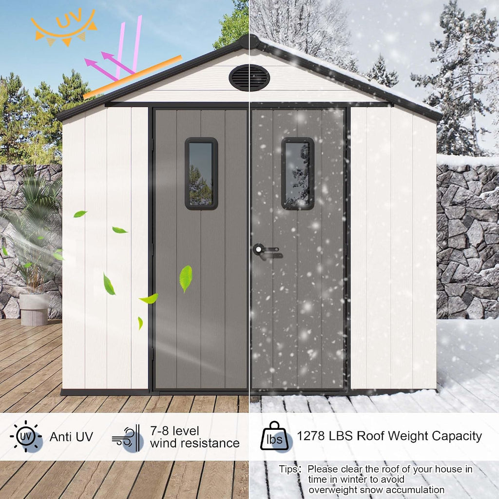 8x8 FT Resin Storage Shed, Featuring 0.6' Thick Panels, Weatherproof Outdoor Tool Shed with Floor for Garden, Lawn, Backyard