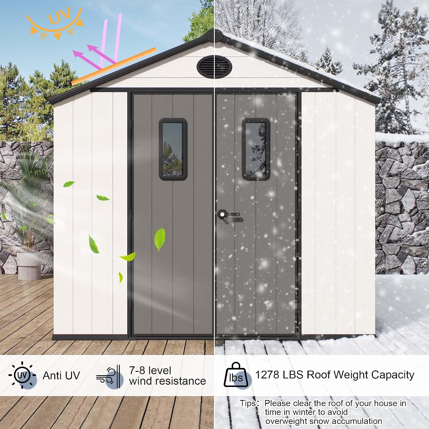 8x8 FT Resin Storage Shed, Featuring 0.6' Thick Panels, Weatherproof Outdoor Tool Shed with Floor for Garden, Lawn, Backyard