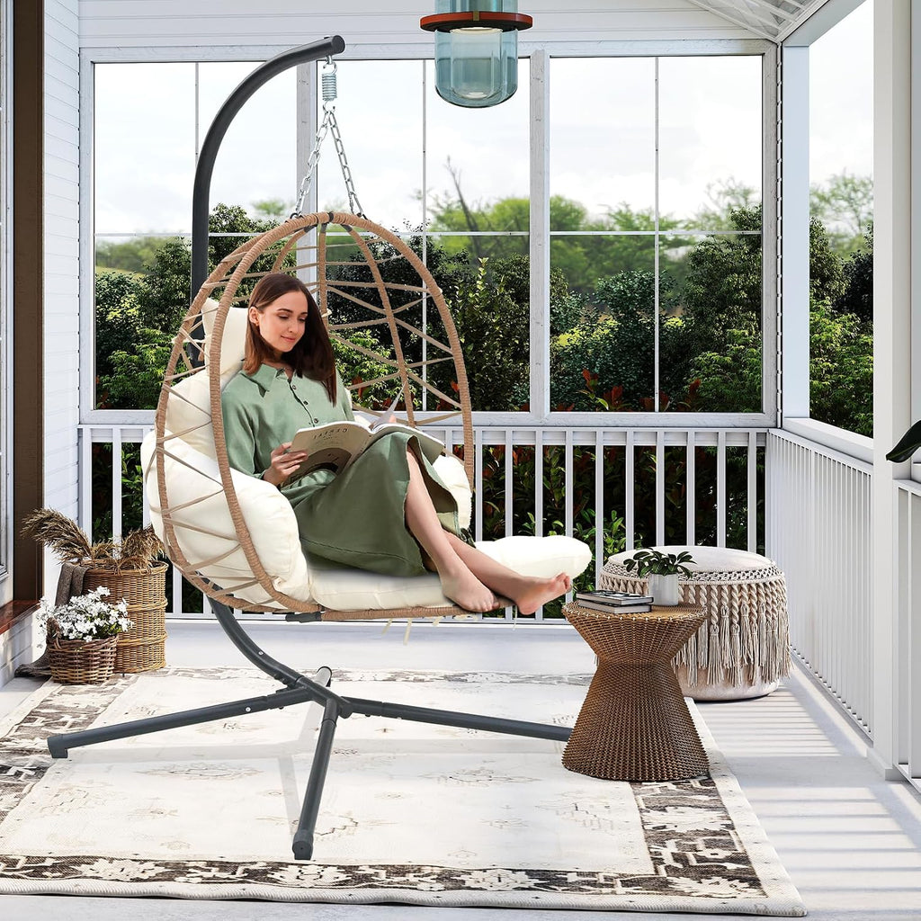 Outdoor Egg Chair with Sturdy Tripod Hammock Leg Rest and Hanging Lounge Chair Swinging Rattan Wicker Swing for Cozy Bedroom Balcony Garden Patio Porch Indoor Use