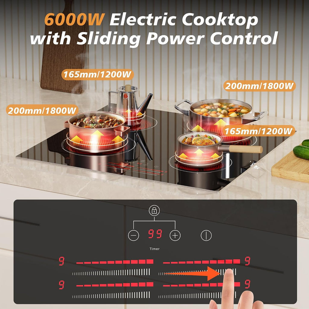 4 Burner Electric Cooktop 24 Inch, 6000W Cooktop Electric Slide Controls, Built in Electric stove top, Glass Protection Metal Frame, 9 Power Levels, Safety Lock, Timer, 240V Hard Wire(No Plug)