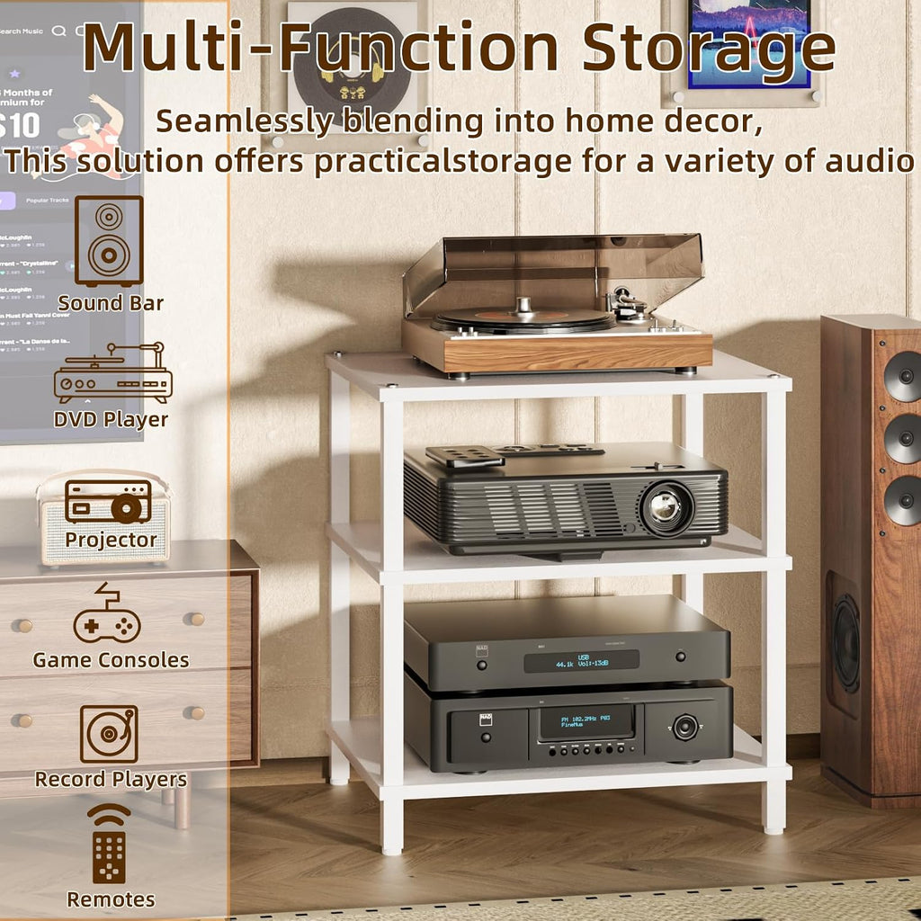 LELELINKY 3-Tier AV Media Player Stand Set of 2, White Stereo Cabinet, Wooden TV Stand,Game Console Shelf, Multifunctional Entertainment Center, Suitable for Home, Conference Room, Game Studio