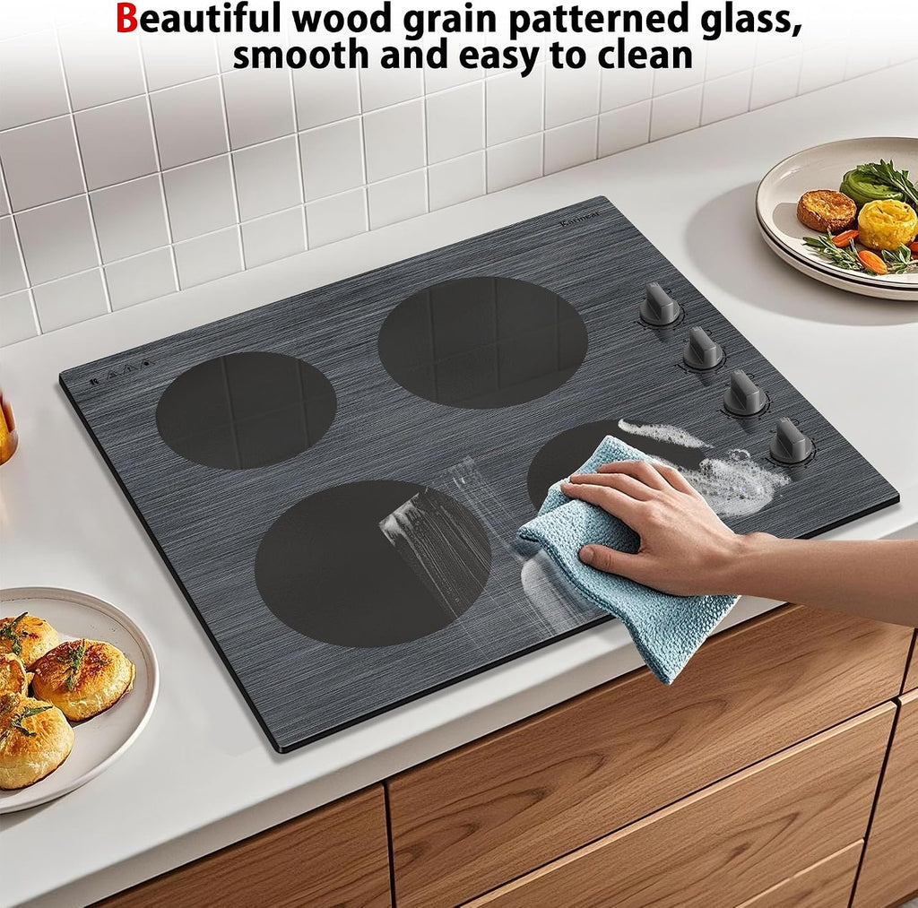Karinear Electric Cooktop 24 Inch, 4 Burners Electric Stove Knob Control, Built-in Ceramic Cooktop with Beautiful Woodgrain Pattern Glass Surface, 6000W, 220-240v Hard Wired(No Plug)