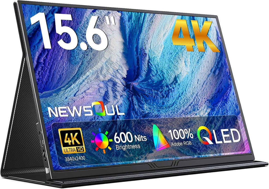 Newsoul 15.6' 4K QLED Portable Monitor, UHD 3840x2400 600 Nits 100% AdobeRGB, USB-C HDMI HDR FreeSync, Second Screen for Laptop MacBook PC Game Consoles, VESA Mountable Travel Monitor with Speakers