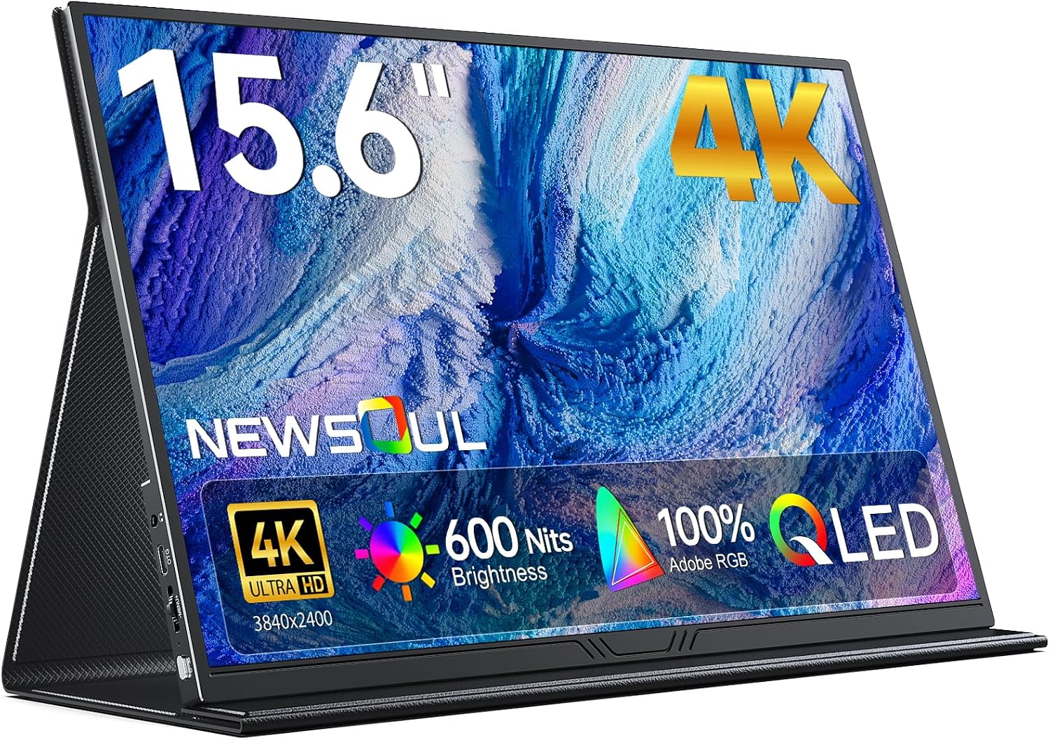 Newsoul 15.6' 4K QLED Portable Monitor, UHD 3840x2400 600 Nits 100% AdobeRGB, USB-C HDMI HDR FreeSync, Second Screen for Laptop MacBook PC Game Consoles, VESA Mountable Travel Monitor with Speakers