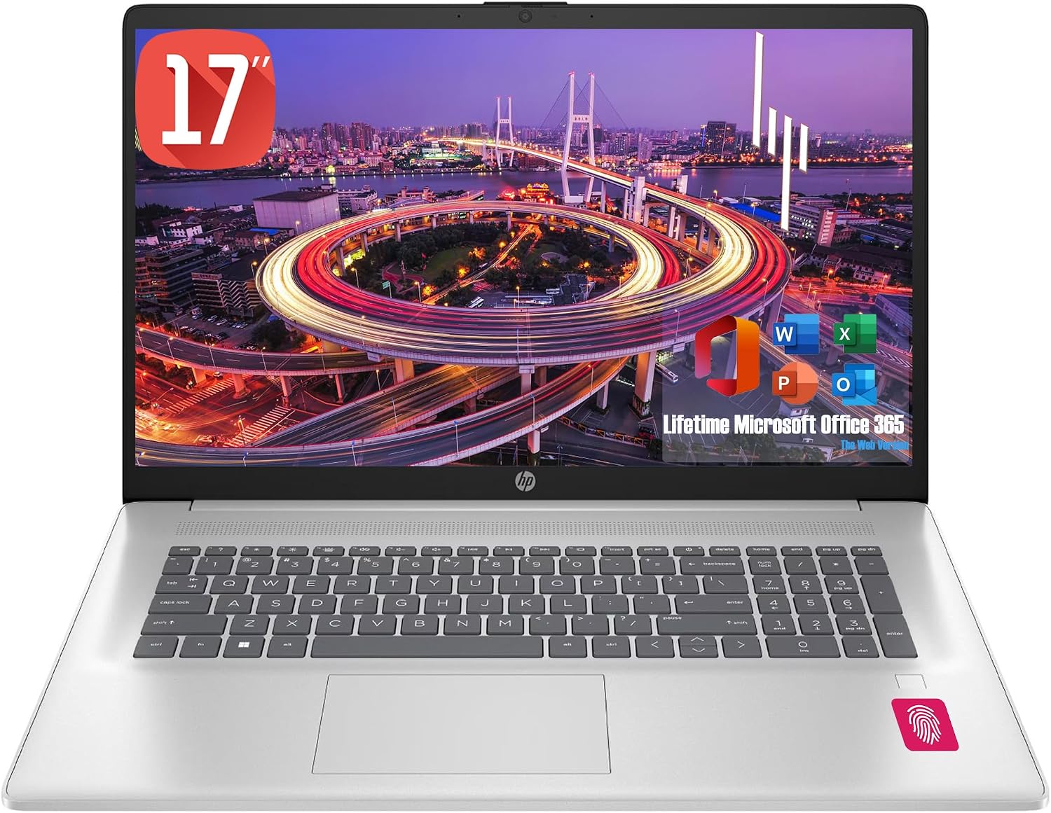 HP 17 Laptop with Free Microsoft Office 365 for Web, Intel Ultra Fast 8-Core CPU, 32GB RAM, 1TB SSD, Full HD Display, HDMI, USB-C, Wi-Fi, Bluetooth, Fingerprint Reader, Silver