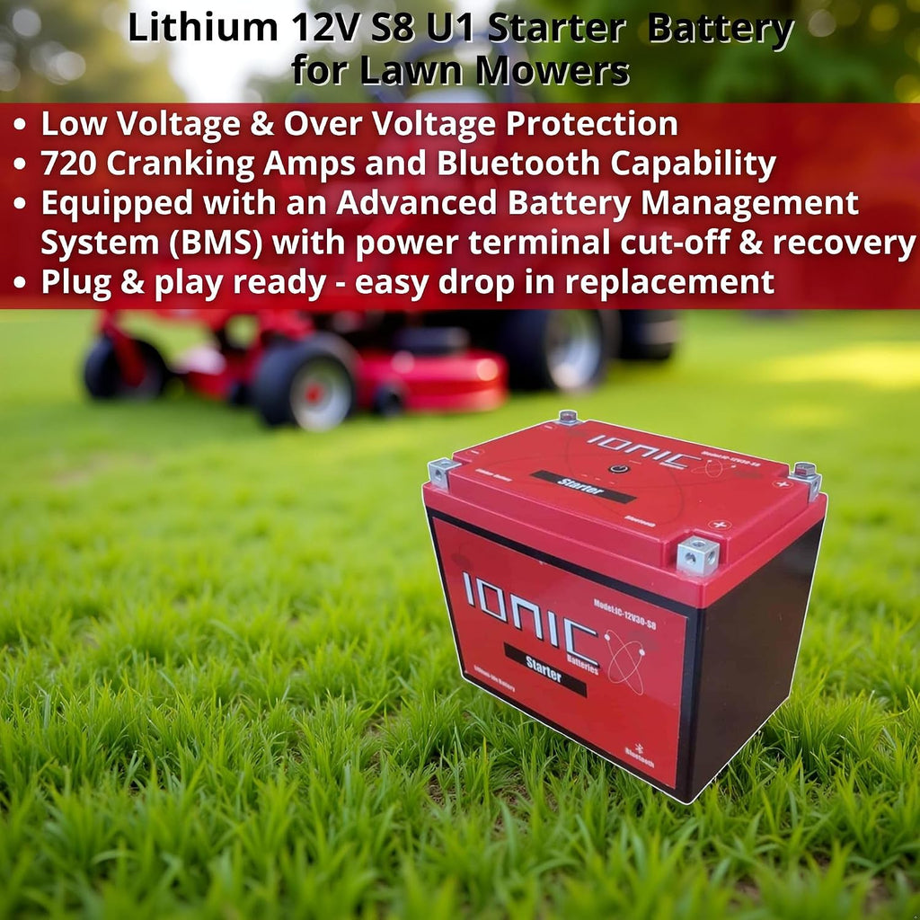 Ionic Lithium 12V Starter Battery for Zero-Turn Lawn Mowers and UTVs - 12V Group U1 Battery with 720CA - Bluetooth Capability - 4.4lbs - IC-12V9-S8-P