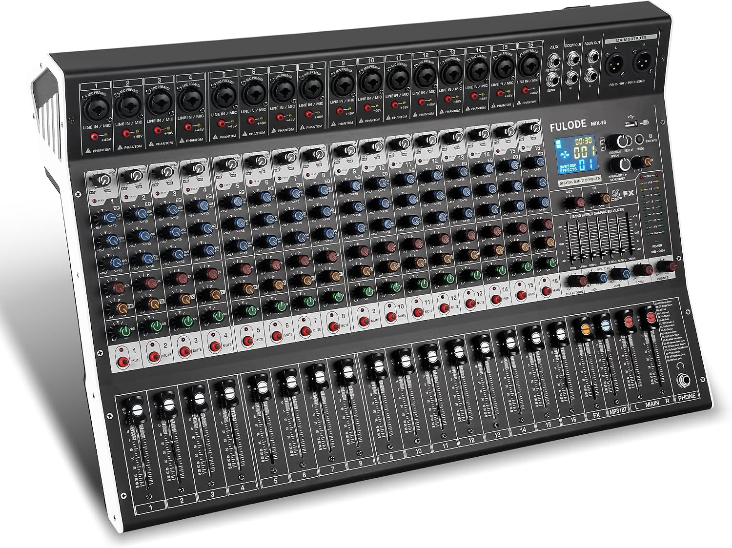 16-Channel Audio Mixer with 99 DSP, Professional Audio Console Digital Sound Music Mixing Board DJ Mixer w/USB Input Bluetooth MP3 48V Power Supply Mute Function for Studio Live Performance