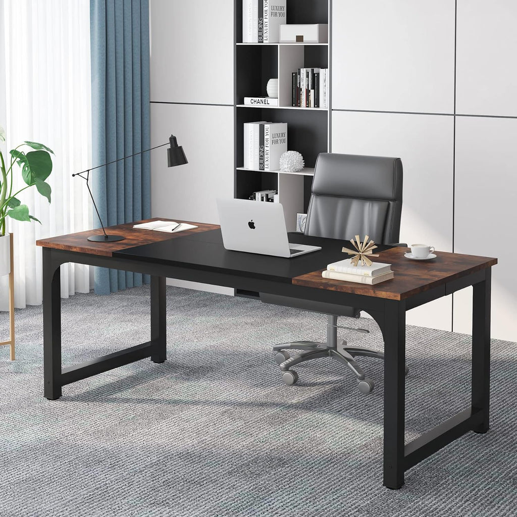 Tribesigns 70.8'Executive Desk, Large Office Computer Desk with Thicken Frame, Modern Simple Workstation Business Furniture for Home Office, Rustic Brown/Black