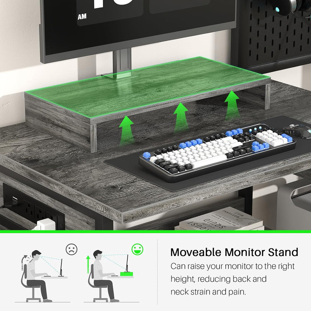 Small Gaming Desk with 2 Fabric Drawers - Reversible Computer Desk with Power Outlet & LED Lights, 49' Office Desk with Monitor Stand & Storage Shelves, Writing Study Table with Pegboard, Grey Oak