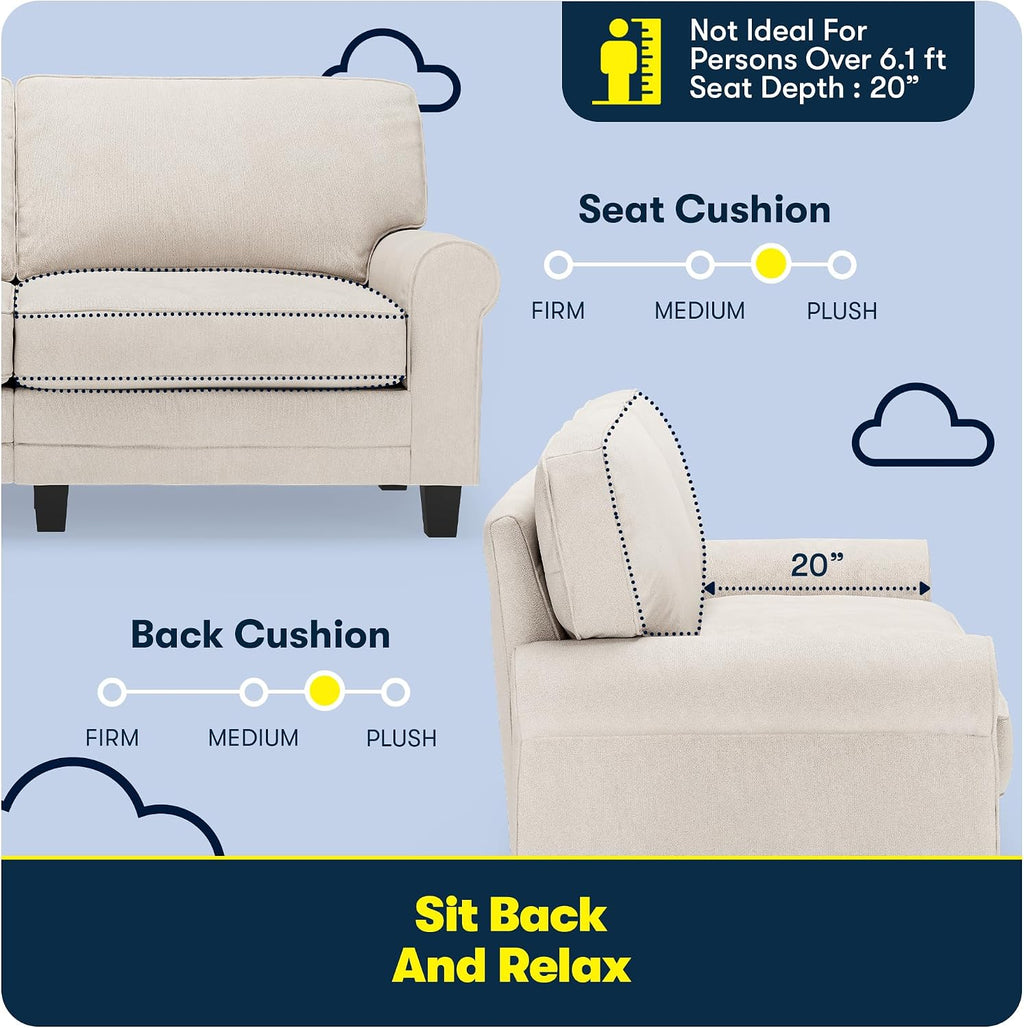 Serta Copenhagen 73' Rolled Arm Sofa, Easy Care Polyester, Soft Pillow Back, Pocket Coil Seat Cushions, Removable Covers, Loveseat or Couch for Small Spaces, Living Rooms or Bedrooms, Cream White