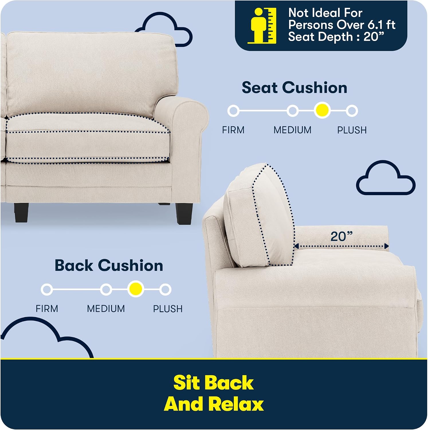 Serta Copenhagen 73' Rolled Arm Sofa, Easy Care Polyester, Soft Pillow Back, Pocket Coil Seat Cushions, Removable Covers, Loveseat or Couch for Small Spaces, Living Rooms or Bedrooms, Cream White