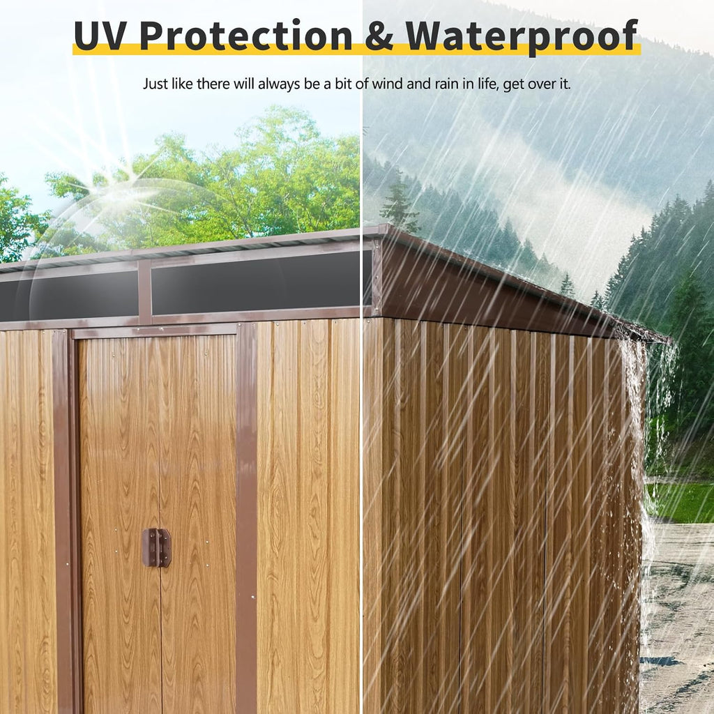 6x5 FT Outdoor Storage Shed, Metal Garden Shed with Frame Floor, Outside Tool Shed with Lockable Sliding Doors, Waterproof Storage Building with Sloped Roof for Backyard, Patio, Lawn, Coffee