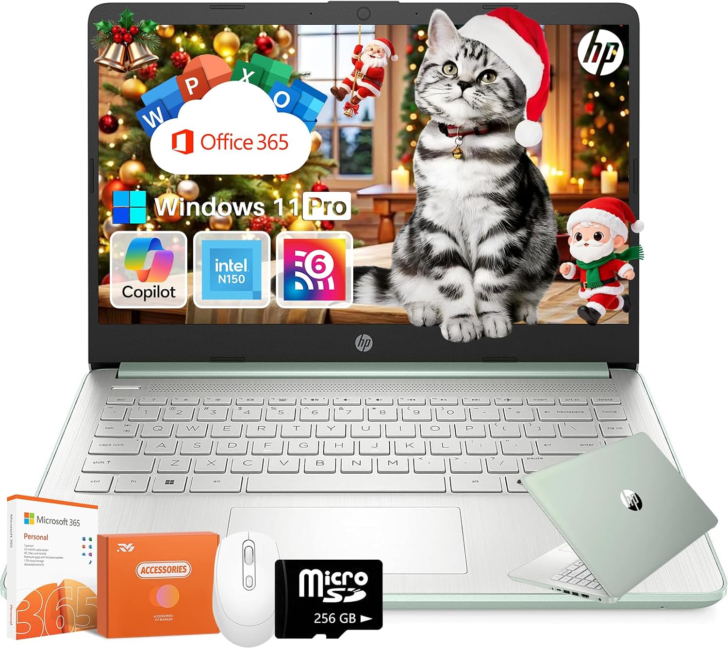 HP 14 inch Laptop, Intel Processor N150, 16GB RAM, 384GB Storage(128GB eMMC+256GB MSD), Intel Graphics, Copilot AI, Windows 11 Pro, Wi-Fi 6, HD Camera, 1 Year Microsoft 365, for Student Business