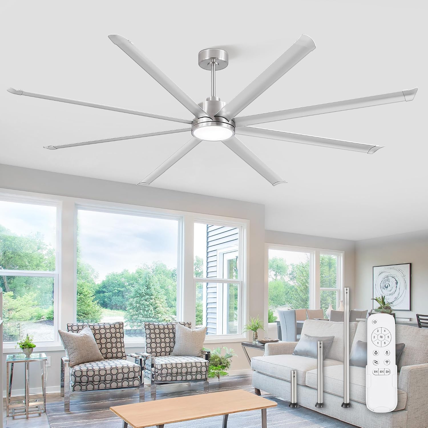 ZMISHIBO 96 Inch Ceiling Fans with Lights, Large Indoor/Outdoor Industrial Ceiling Fan with 8 Aluminum Reversible Blades, Quiet DC Motor, 3CCT&6-Speed Remote Control, Damp Rated for Gazebo/Living Room