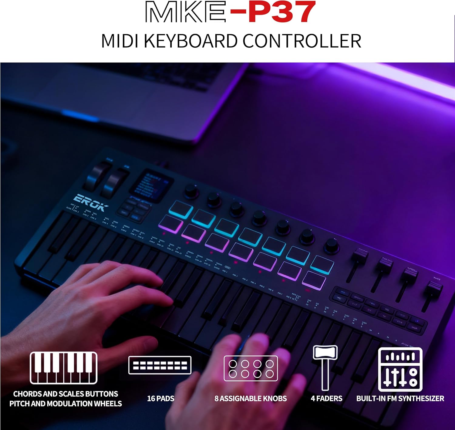 EROK 37 Keys MIDI Keyboard Controller with 3.5mm MIDI Output, 16 Backlit Drum Pads, 8 Knobs, DAW Integration & Arpeggiator, Music Production Equipment and Studio Controller (Dark)