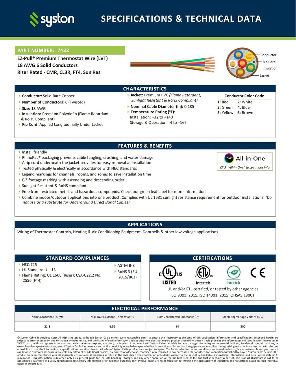 Syston 18/6 Thermostat Doorbell HVAC Heating Control Cable Wire, 100% Solid Copper Conductors CL3R/FT4/CMR Riser-Rated UL/ETL Listed, UV Resistant RoHS for Indoor/Outdoor Low Voltage Applications Use