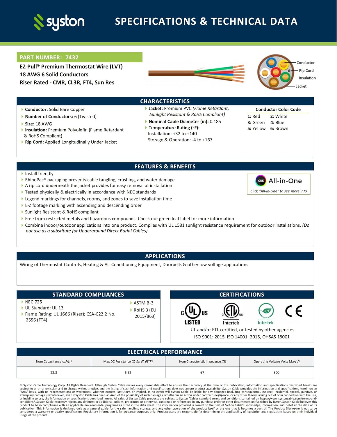 Syston 18/6 Thermostat Doorbell HVAC Heating Control Cable Wire, 100% Solid Copper Conductors CL3R/FT4/CMR Riser-Rated UL/ETL Listed, UV Resistant RoHS for Indoor/Outdoor Low Voltage Applications Use