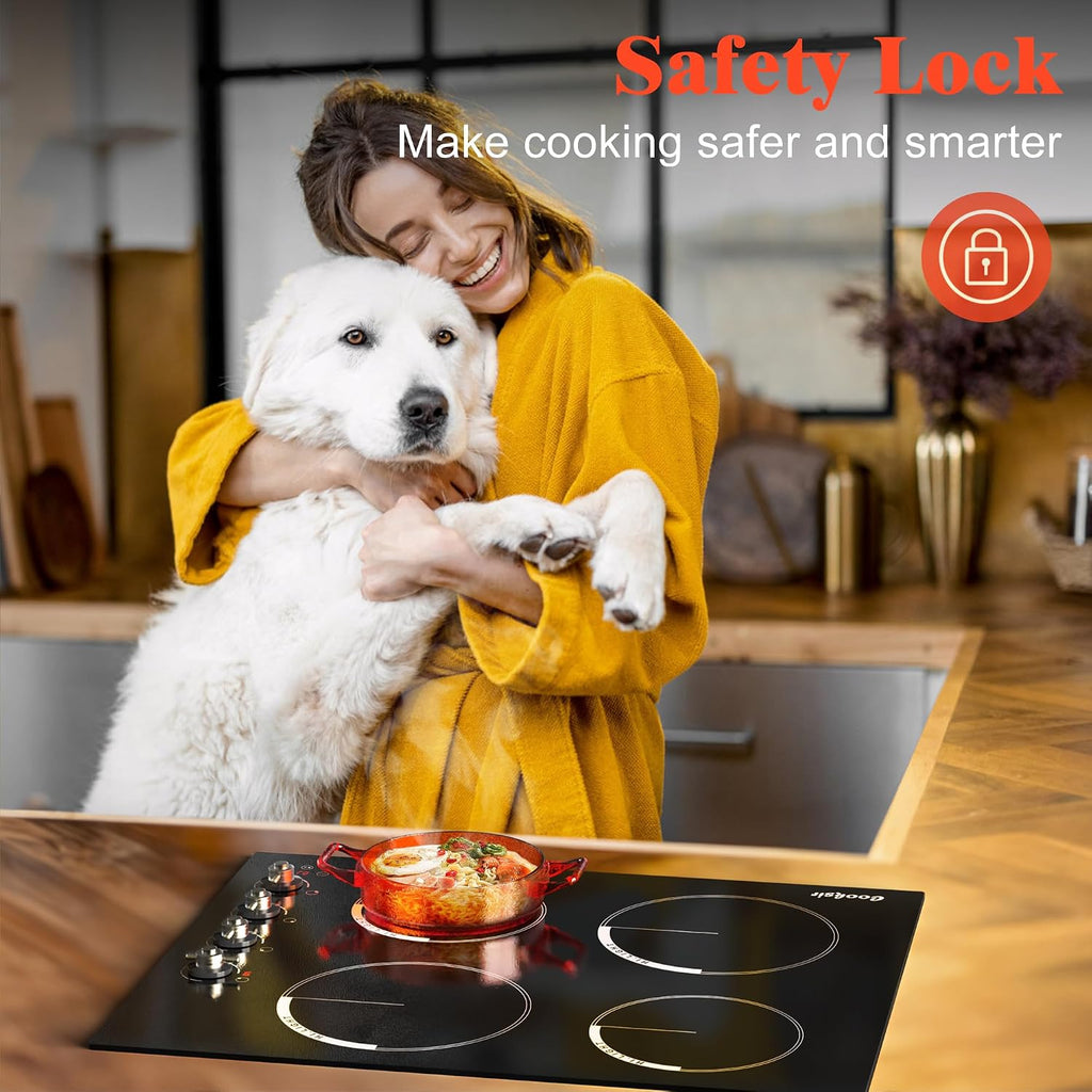 24 Inch Electric Cooktop - 4 Burner Built-in(22.05'x19.3') Glass Ceramic Stovetop 6000W, 220V Electric Stove Touch and Knob Control, Safety Lock, Pause, 99 Min Timer, 240V Hard Wire(No Plug)
