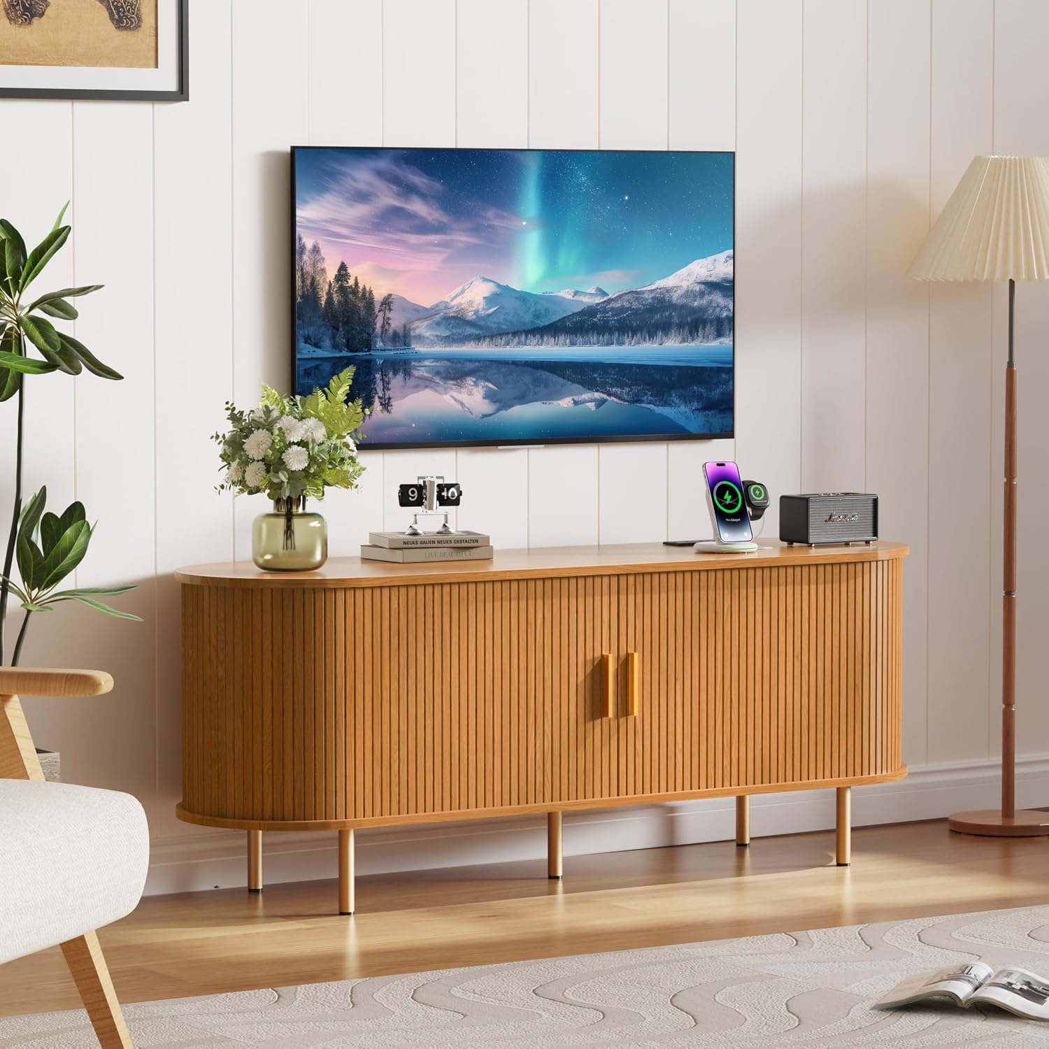 DHH 55 Inch Mid Century Modern TV Stand with Power Outlet for TVs up to 60 Inch, Entertainment Center with Storage and Adjustable Shelves, Media Console with Sliding Doors for Living Room(Yellow)