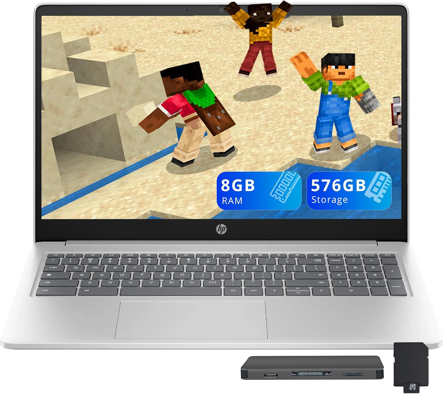 HP 15.6' HD Anti-Glare Chromebook Laptop, Intel Pentium N200, 8GB LPDDR5, 576GB Storage (64GB eMMC+512GB Docking Station Set), Intel UHD Graphics, Num Pad, 720p Camera, Wi-Fi 6, Chrome OS, Silver