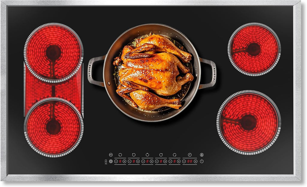 36 Inch Electric Cooktop, 5 Burner Stove Top Touch Control, 36' Glass Ceramic Stove Top 9600W with BBQ & Flexible Zone, Child Lock, Timer, Overheat Protection, 220-240V Hard Wired (No Plug)