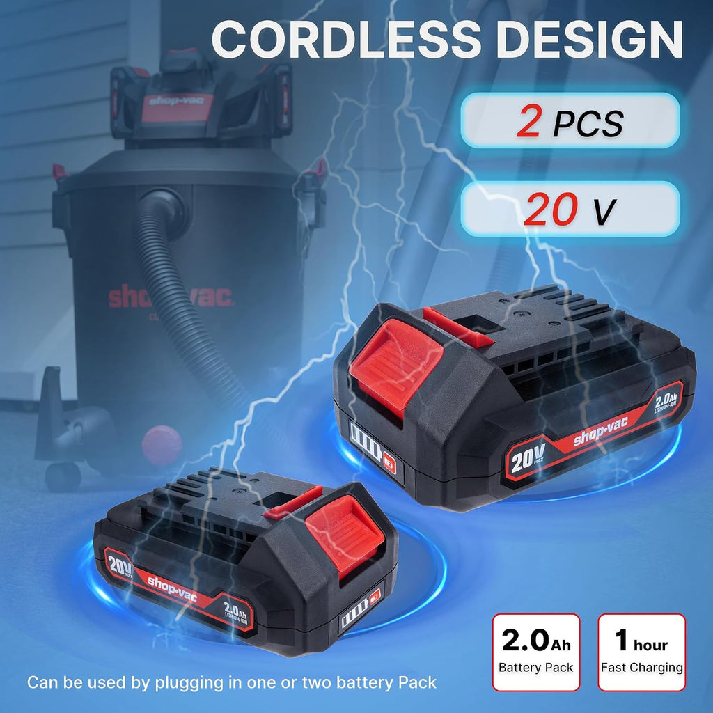 Shop-Vac 5430031 10 Gallon 20V Cordless Wet/Dry Vacuum with 1.5-inch x 7-Foot Hose, Includes (2) Extension Wands, Cartridge Filter, Collection Bag, and Foam Sleeve