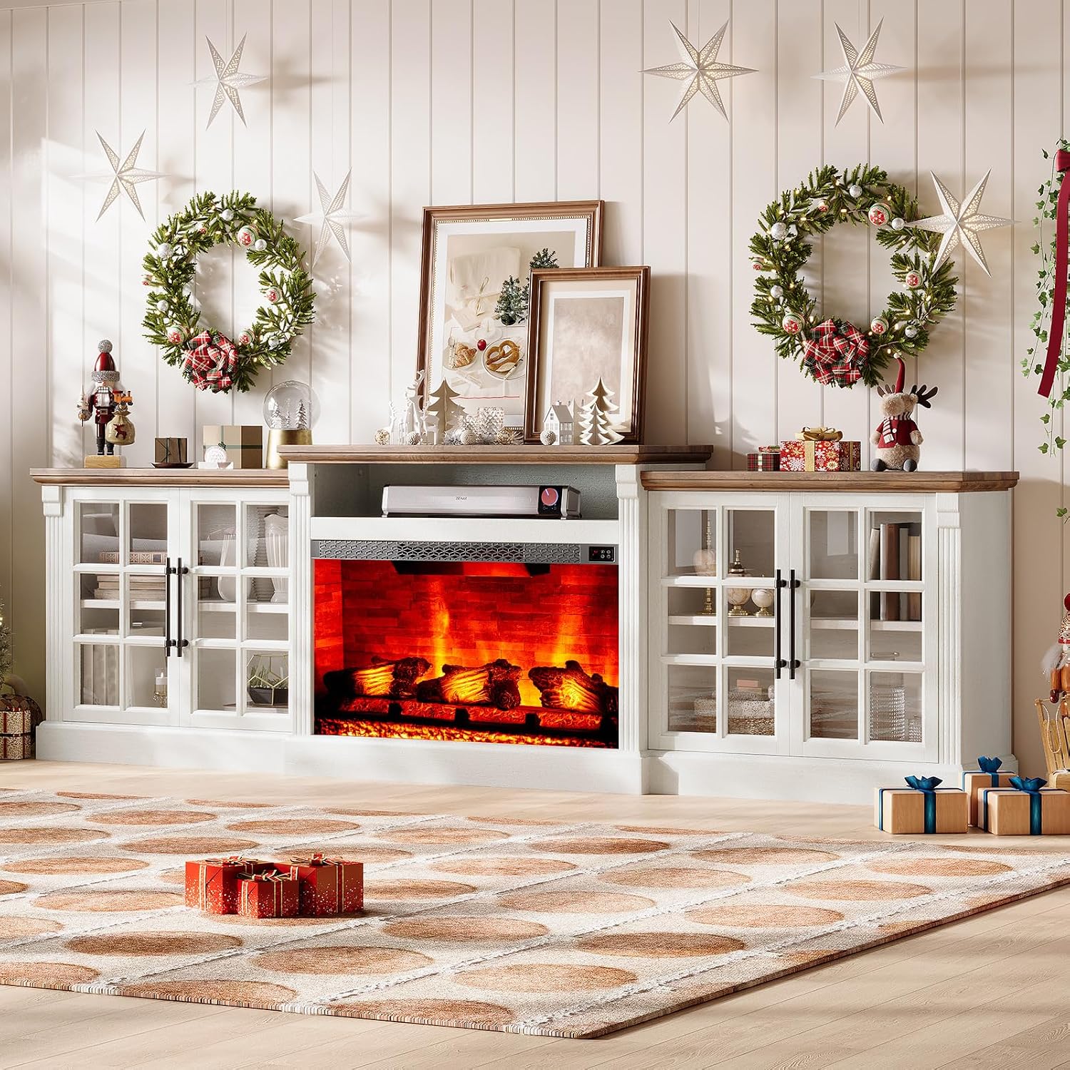 LUXOAK 97' Farmhouse TV Stand with 33' Fireplace for TVs up to 100', Media Entertainment Center with Large Storage Cabinet Adjustable Shelves for Living Room, White/Barnwood