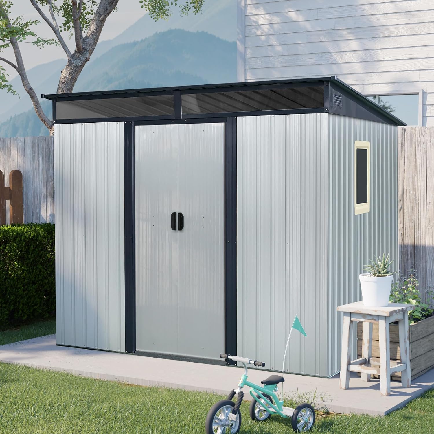 6x8 FT Outdoor Storage Shed, Metal Garden Shed with Frame Floor, Outside Tool Shed with Window, Waterproof Storage Building with Lockable Doors & Sloped Roof for Backyard, Patio, Lawn, White+Black