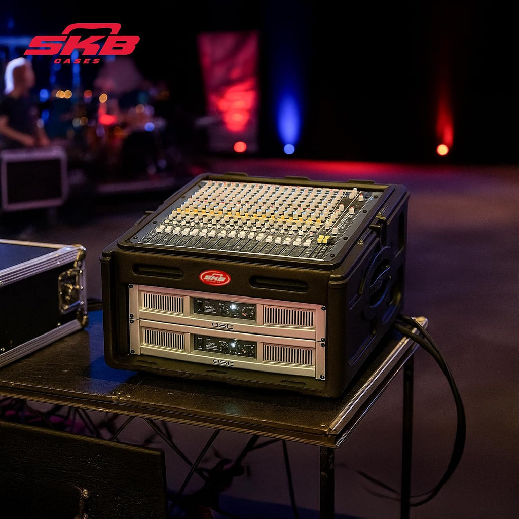SKB Roto Rack/Mixer Console, 10U Slanted Rackmount on top, 4U Rackmount in Front with Steel Threaded Rails, Hard Lid and Doors and Side Access Ports