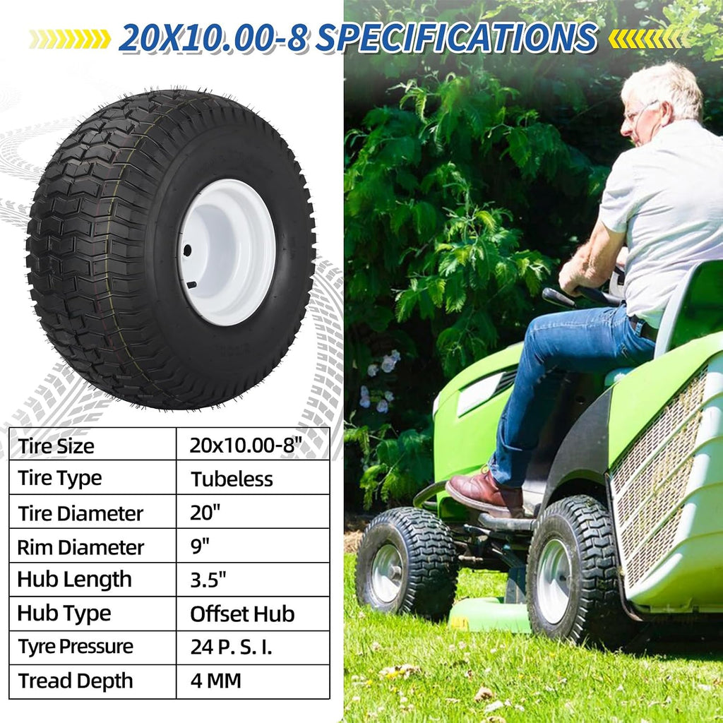 GICOOL 20x10.00-8 Lawn Mower Tire and Wheel, 4 Ply Tubeless Tire, Replacement 20x10-8nhs Riding Lawn Mower and Tractor Rear Tire and Wheel Assemblies, 3.5' Offset Hub, 3/4' Borehole, and 3/16' Keyway