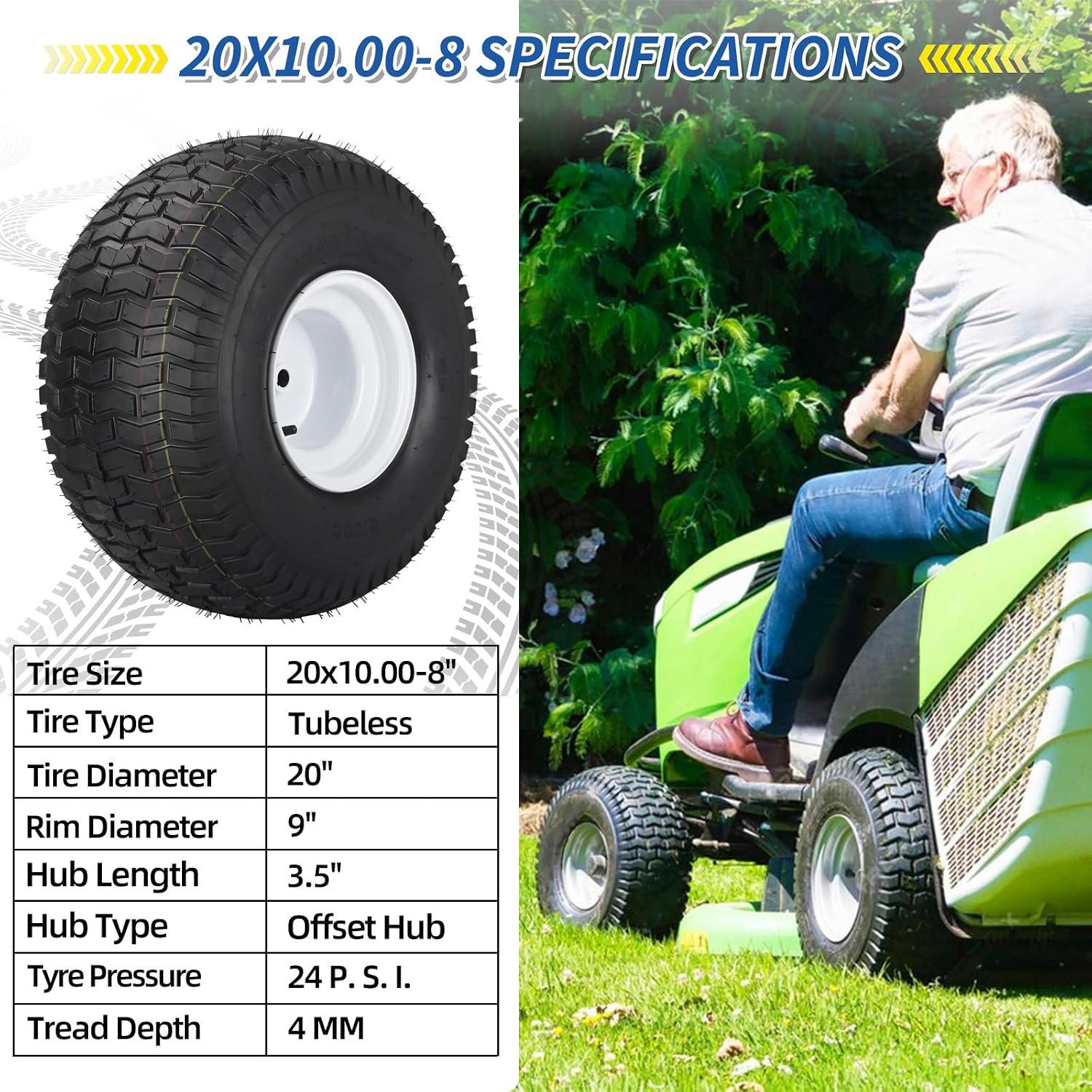 GICOOL 20x10.00-8 Lawn Mower Tire and Wheel, 4 Ply Tubeless Tire, Replacement 20x10-8nhs Riding Lawn Mower and Tractor Rear Tire and Wheel Assemblies, 3.5' Offset Hub, 3/4' Borehole, and 3/16' Keyway