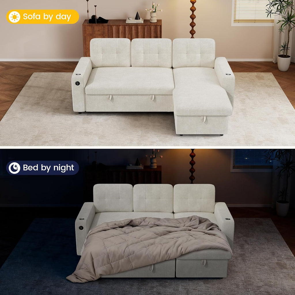 Luxanimarion 83'' Pull Out Sofa Bed, 2 in 1 Convertible Sleeper Sofa Couch with Storage Chaise & USB Charging, Comfy Corduroy Modular Couches for Living Room Apartment,Beige 1 PCS