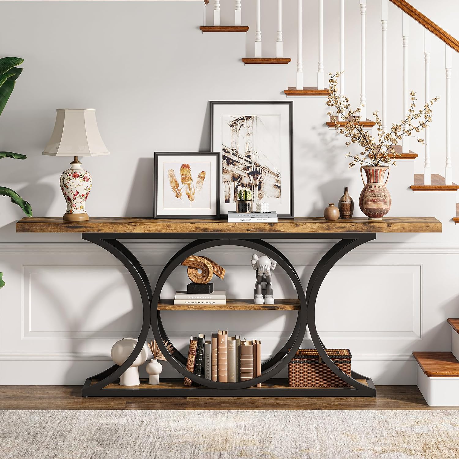 63 inch Extra Long Sofa Table, Rustic Industrial Entry Console Table, Behind Couch Table with Black Metal Frame, 3 Tier Storage Shelves for Hallway, Entryway & Living Room, Brown & Black