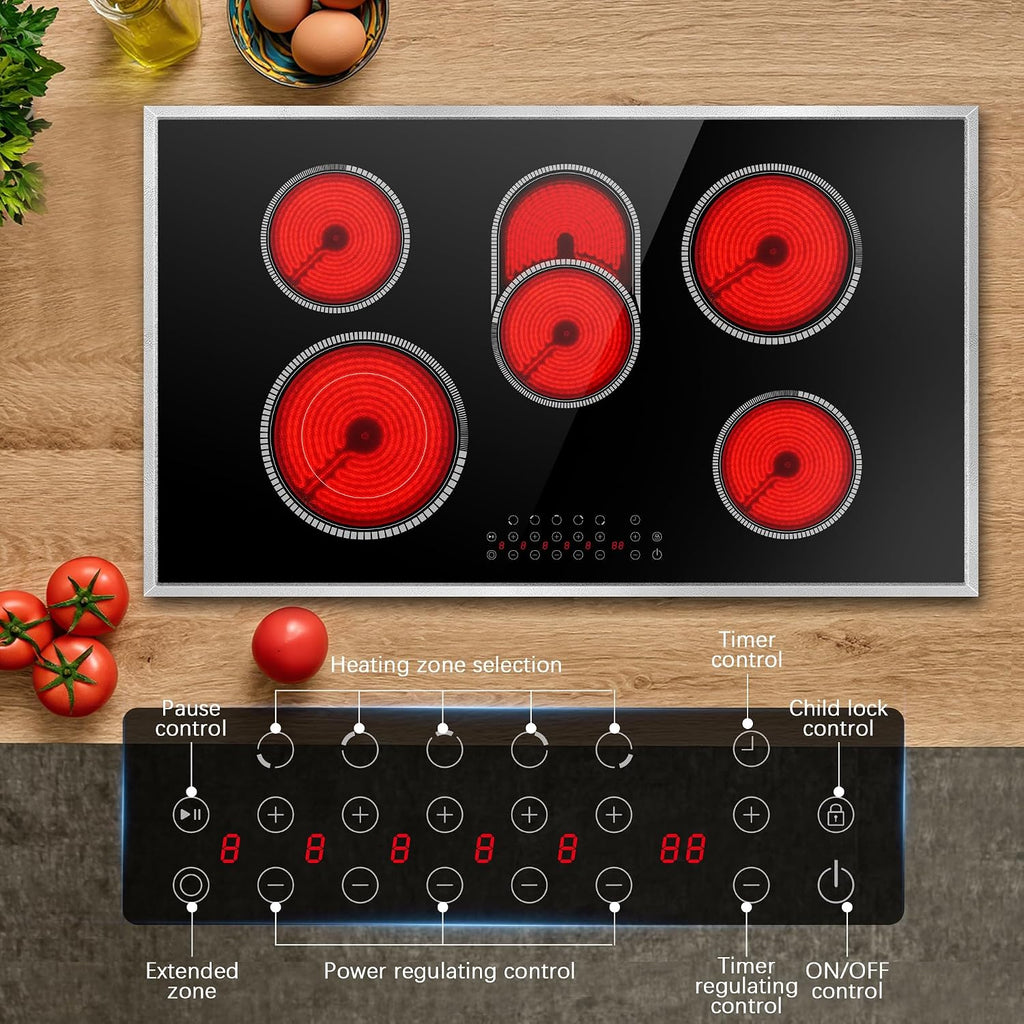 Electric Cooktop 36 Inch, 5 Burners Electric Stove Top Touch Control, 8400W Built-in Ceramic Stovetop 36' with Expandable Zone, Child Lock, Timer, Pause Control, 220-240v Hardwired (No Plug)