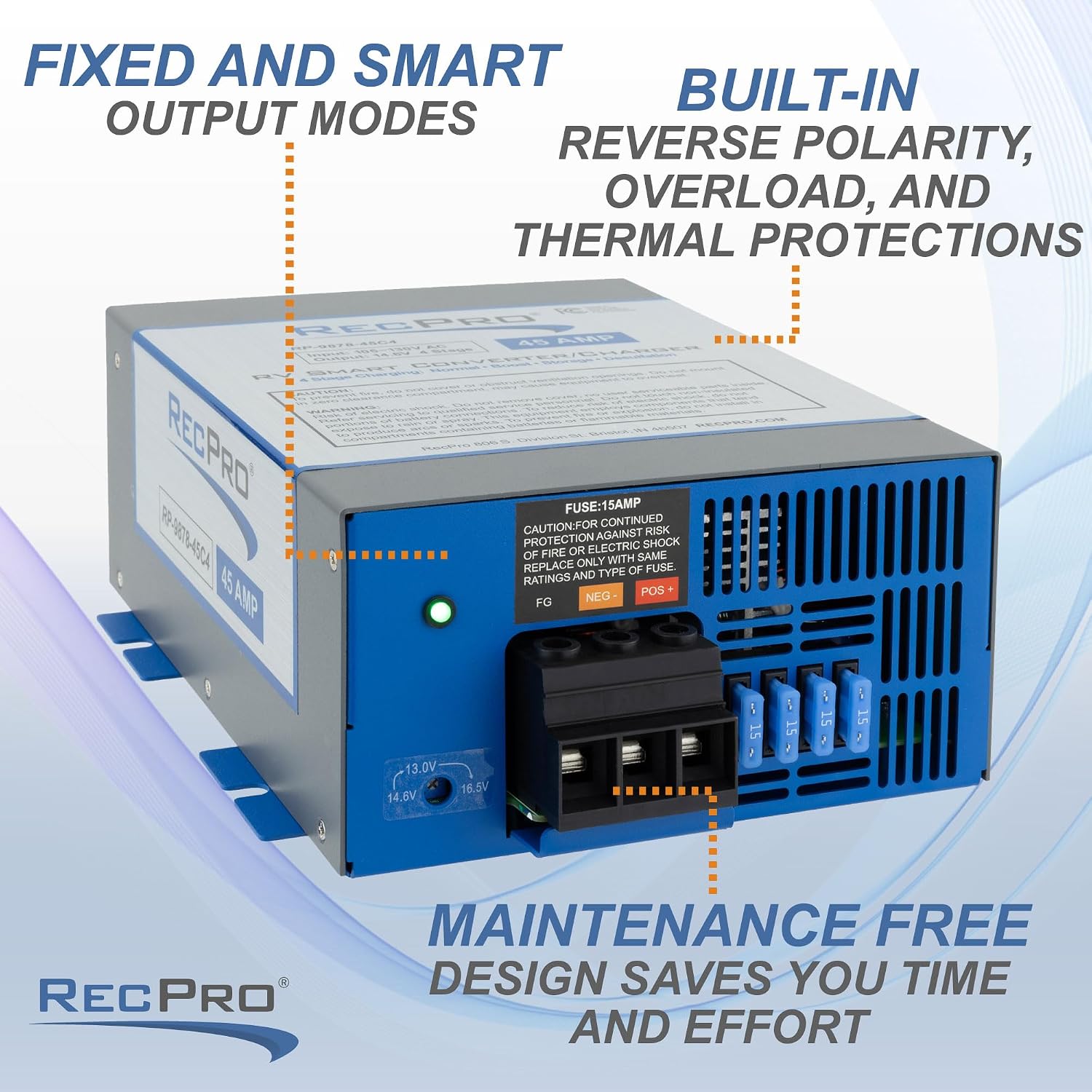 RecPro RV Converter 45 Amp | RV Power Converter & Battery Charger | 4 Stage Smart Charging | 120VAC to 12VDC | 13V to 16.5V Operating Range