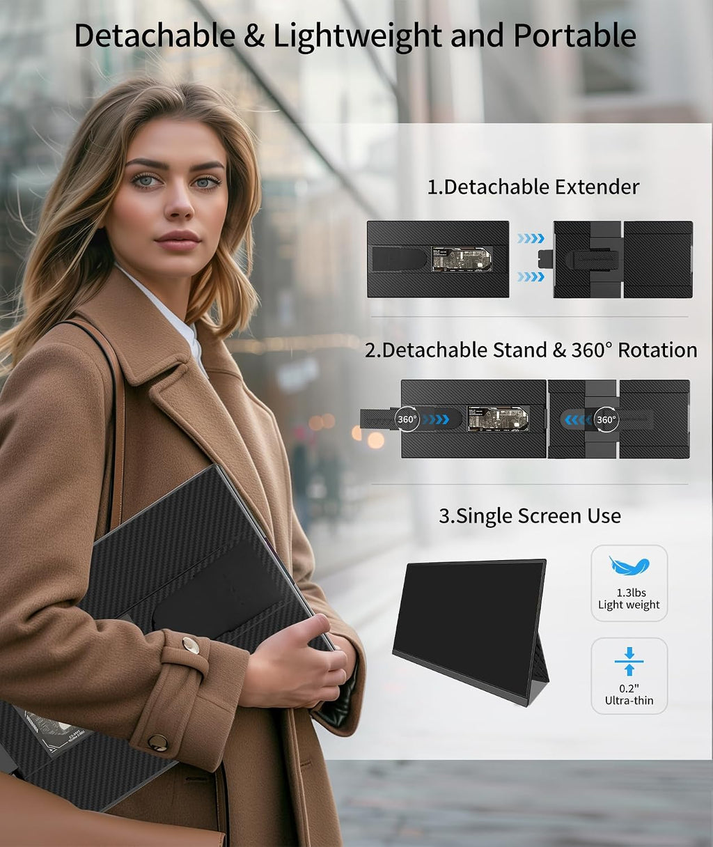 Cevaton Laptop Screen Extender - 15.6' FHD 1080P Portable Monitor for Laptop, Detachable & Plug and Play Dual Monitor Extender for 13'-17.3' Laptops, Compatible with Wins/Mac/Android/Chrome