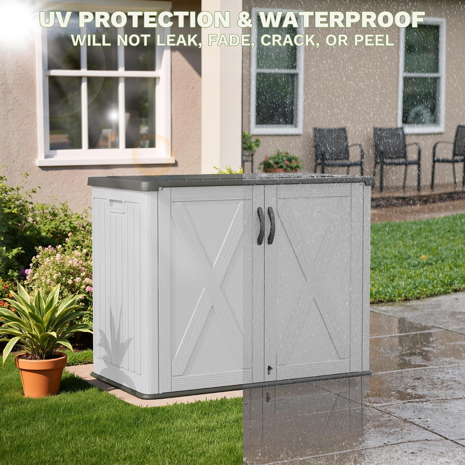 Patiowell 25 Cu.ft Outdoor Storage Cabinet with Lockable Door, Waterproof Horizontal Storage Shed for Tools and Patio Furniture, All-Weather Plastic Shed Easy Assemble for Pool or Backyards, White
