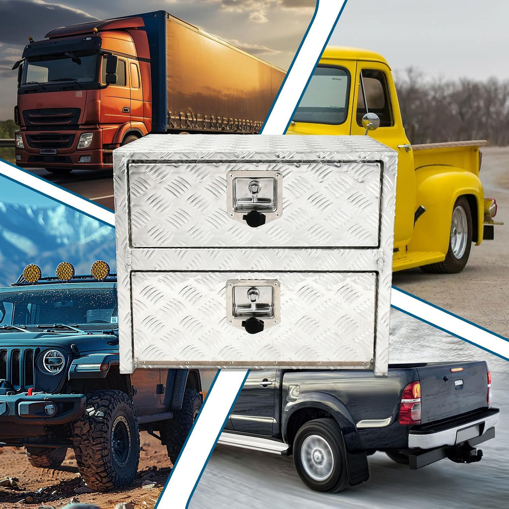 24'' Inch Silver Aluminum Underbody Truck Box w/Drawer & Lock T-Handle Latch Key 24 x 18 x 20 Inch Truck Tool Box Job Box For Storage & Organization