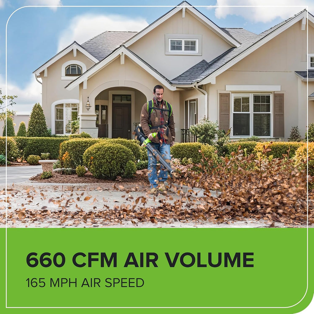Greenworks 40V (660 CFM / 165 MPH) Brushless Backpack Leaf Blower, High Power for Yards, Driveways, Patios, Includes 5.0Ah Battery & 5A Rapid Charger