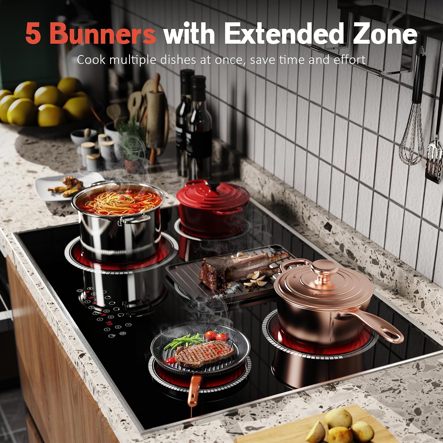 30 Inch Electric Cooktop, 5 Burner Electric Stove Top Touch Control, 8400W Built-in Ceramic Stovetop Burner 30' with Expandable Zone, Child Lock, Timer, Overheat Alert, 220-240v Hardwired