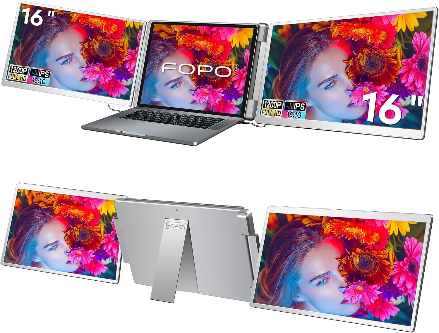 Laptop Screen Extender 16'- 1200P 16:10 FHD Triple Monitor for 12-18.5', Portable Monitor for Laptop with HDMI and USB-C Connectivity for MacBooks(NOT M1 M2 M3)/Wins, Chrome, Surface