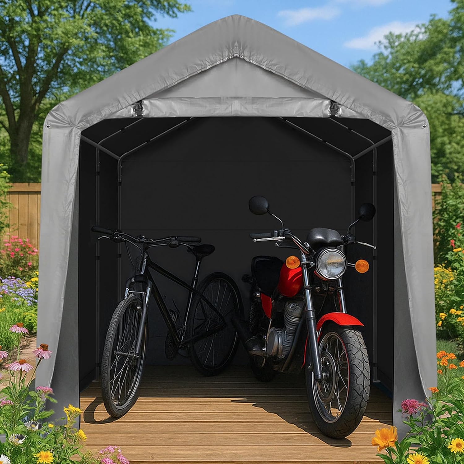 Outvita Outdoor Portable Storage Shed Tent, 8x8 ft Waterproof Carport with Roll-Up Zipper Door and Durable Galvanized Steel Frame, Ideal for Motorcycle, GTV, Bike, Wood Tool Lawn Mower Storage