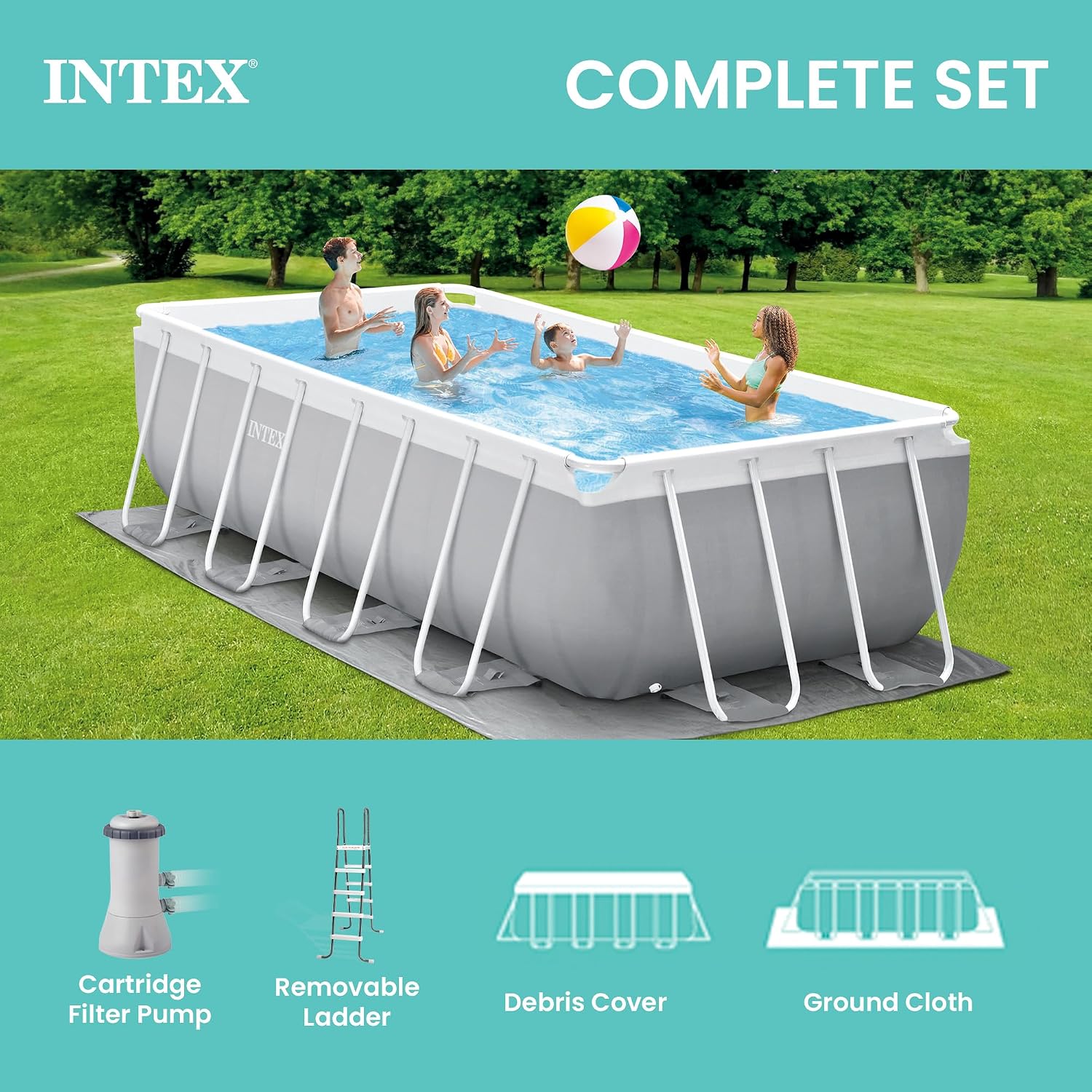 Intex 16ft x 3.5ft Above Ground Rectangular Frame Swimming Pool Set & Skimmer
