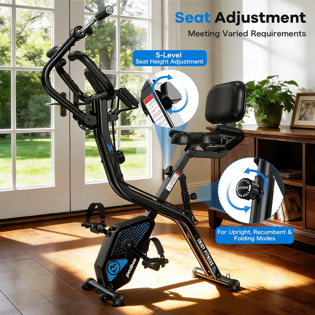 pooboo Folding Exercise Bike, Foldable Upright Stationary Bike, Indoor Cycling Magnetic X-Bike with 8-Level Adjustable Resistance, 6.6 LBS Flywheel, 300LB Capacity, Back Support Cushion for Home Gym