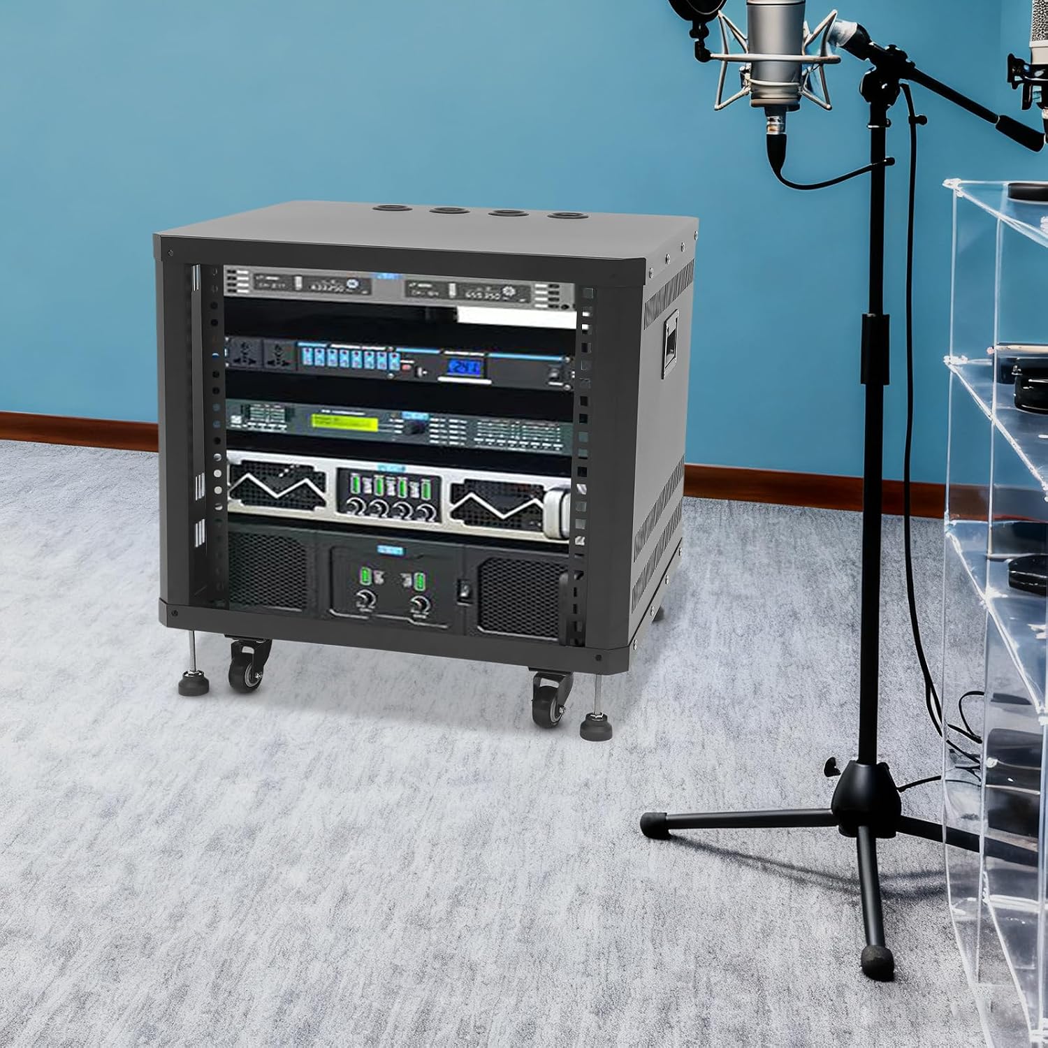 Network & Stereo Rack, 9U Steel Open Frame Home Studio Rack with Caster Wheels, Video Stage Stereo Equipment Storage Cabinet Stand On Wheels for Audio Video, Server and Network Gear