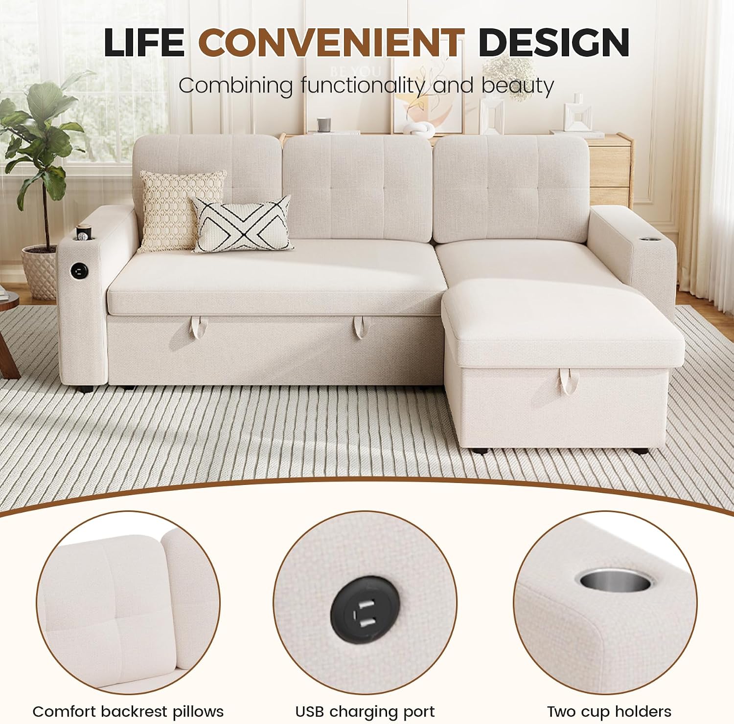 Luxanimarion 83'' Pull Out Sofa Bed, 2 in 1 Convertible Comfy Linen Couch with Storage Chaise & USB Charging, Modular Sleeper Sofa Couches for Living Room Apartment,Beige 1 PCS