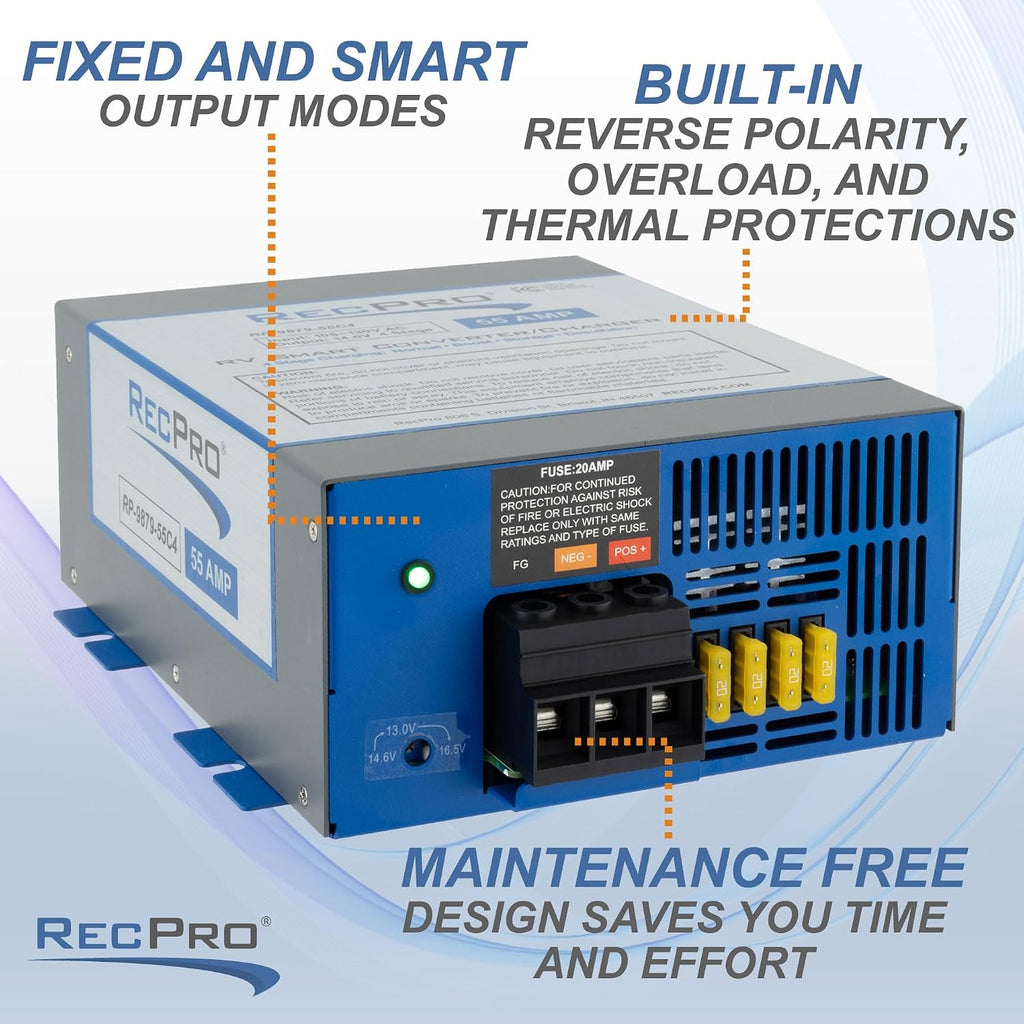 RecPro RV Converter 55 Amp | RV Power Converter & Battery Charger | 4 Stage Smart Charging | 120VAC to 12VDC | 13V to 16.5V Operating Range