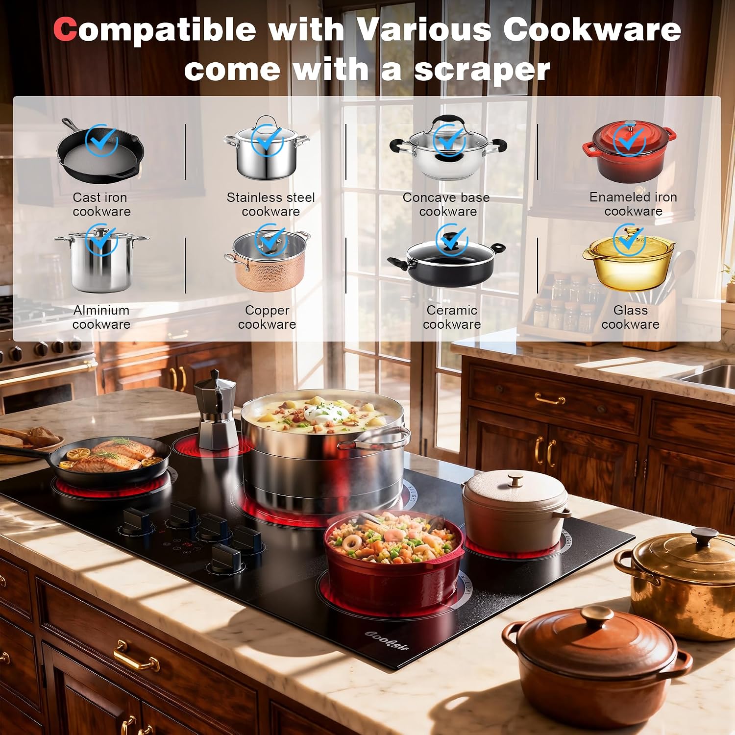 Upgraded 36 Inch Electric Cooktop 5 Burners - Powerful 9200W Built-in(34.25'x19.3') Electrical Stove, Electric Cook Top 30 In Knob Control, 99 Minutes Timer, Safety Lock, 220-240V Hard Wired